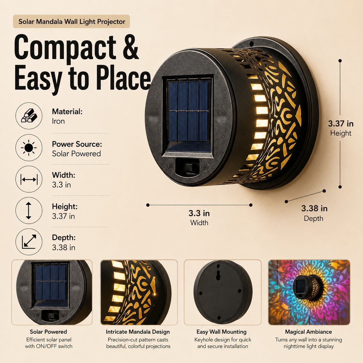 ✨✨Solar Mandala Wall Light Outdoor Garden Fence Projector Lamp Patio Ambient Decor