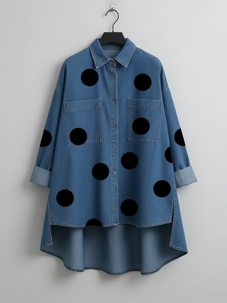 📦📦LAST DAY SAVE 49% ⏰Elegant Artistic Polka Dot Print Stand-collar Denim Top