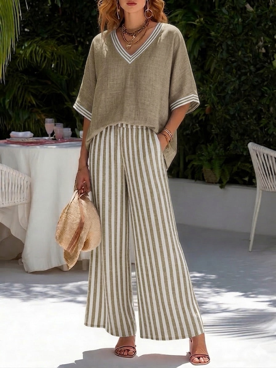 📦📦LAST DAY SAVE 49% ⏰Casual Two-piece Set: Striped Linen & Cotton Patchwork Top And Striped Trousers