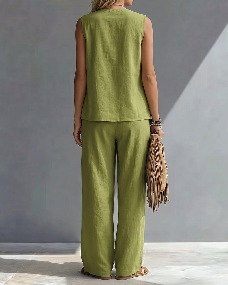 🌷🌷Boho Relaxed Fit Contrast Color Slant Placket Matching Sets