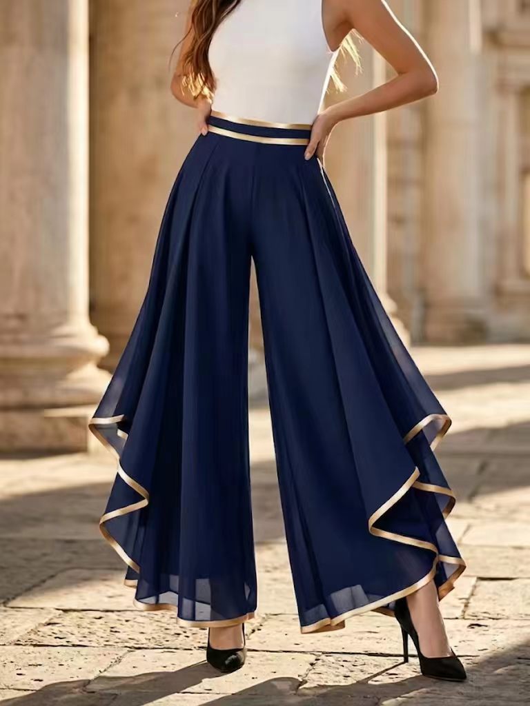 🌷🌷Elegant Gold Trim Wide Leg Chiffon Pants