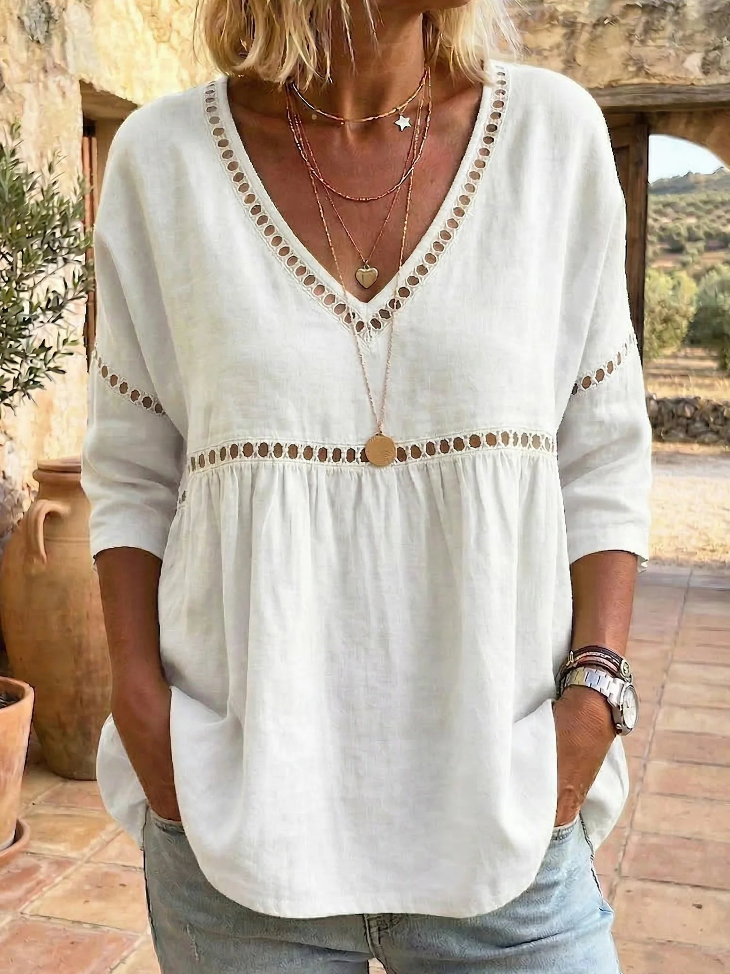 📦📦LAST DAY SAVE 49% ⏰Women's Cozy Hollow-out Patchwork V-neck Linen-cotton Blouse