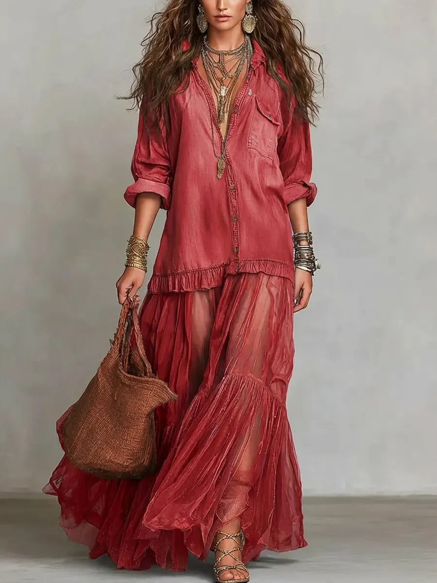 📦📦Mother's Day Sale 49% Off ⏰Women's Retro Lapel Denim Organza Patchwork Art Casual Maxi Dress