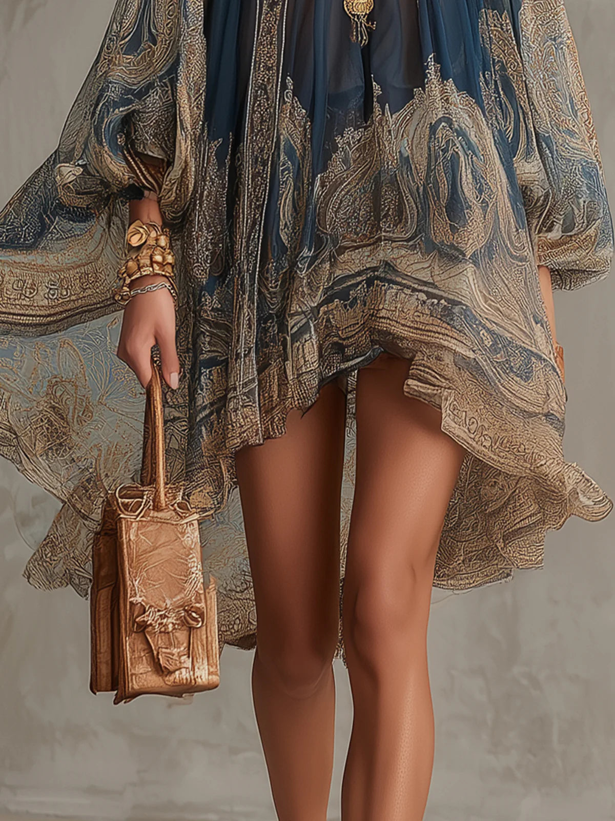 🌷🌷Navy Blue Baroque Print High-neck Irregular Chiffon Mini Dress