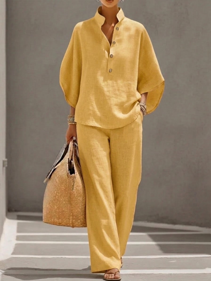 ✨⏰Last Day 49% OFF🎁Women’s Batwing Sleeve Linen Cotton Two-Piece Set – Casual Shirt & Wide Leg Pants Outfit
