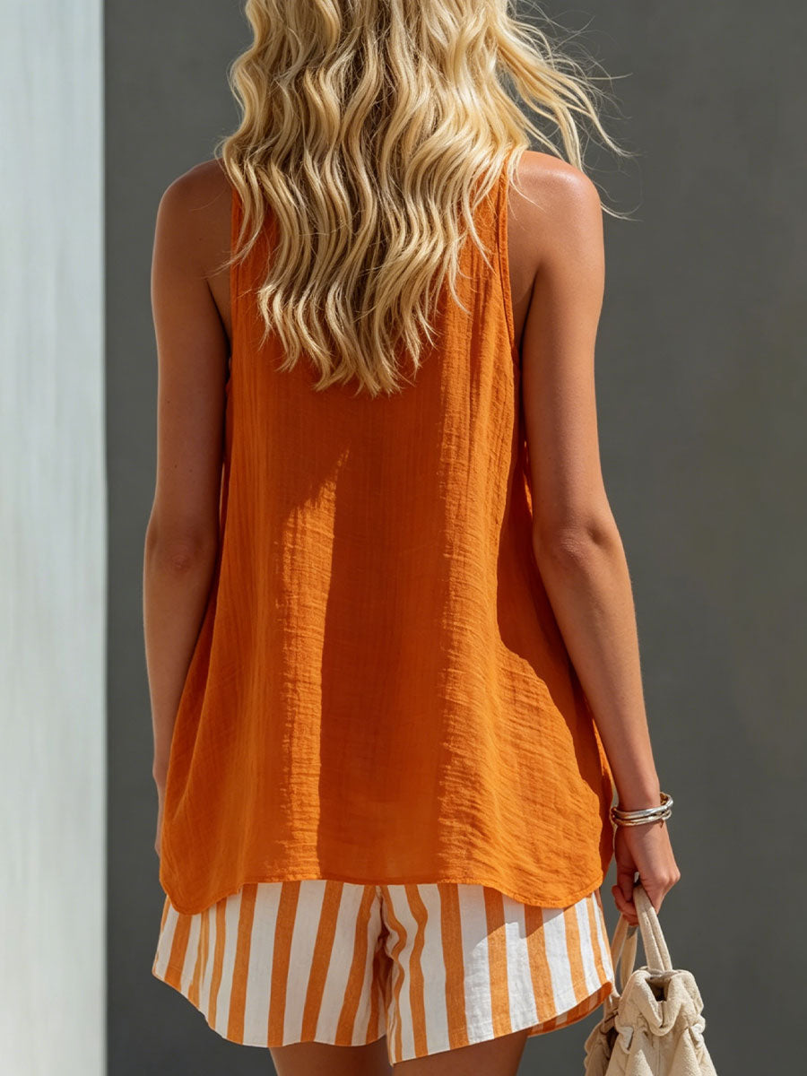 📦📦LAST DAY SAVE 49% ⏰Women's Orange Cotton-linen Vest And Striped Shorts Set