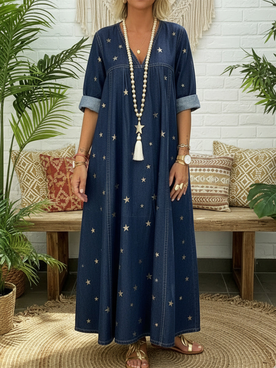 📦📦Buy 2 PCS for free shipping🔥Casual Gold Star Print 100% Cotton Denim Dress
