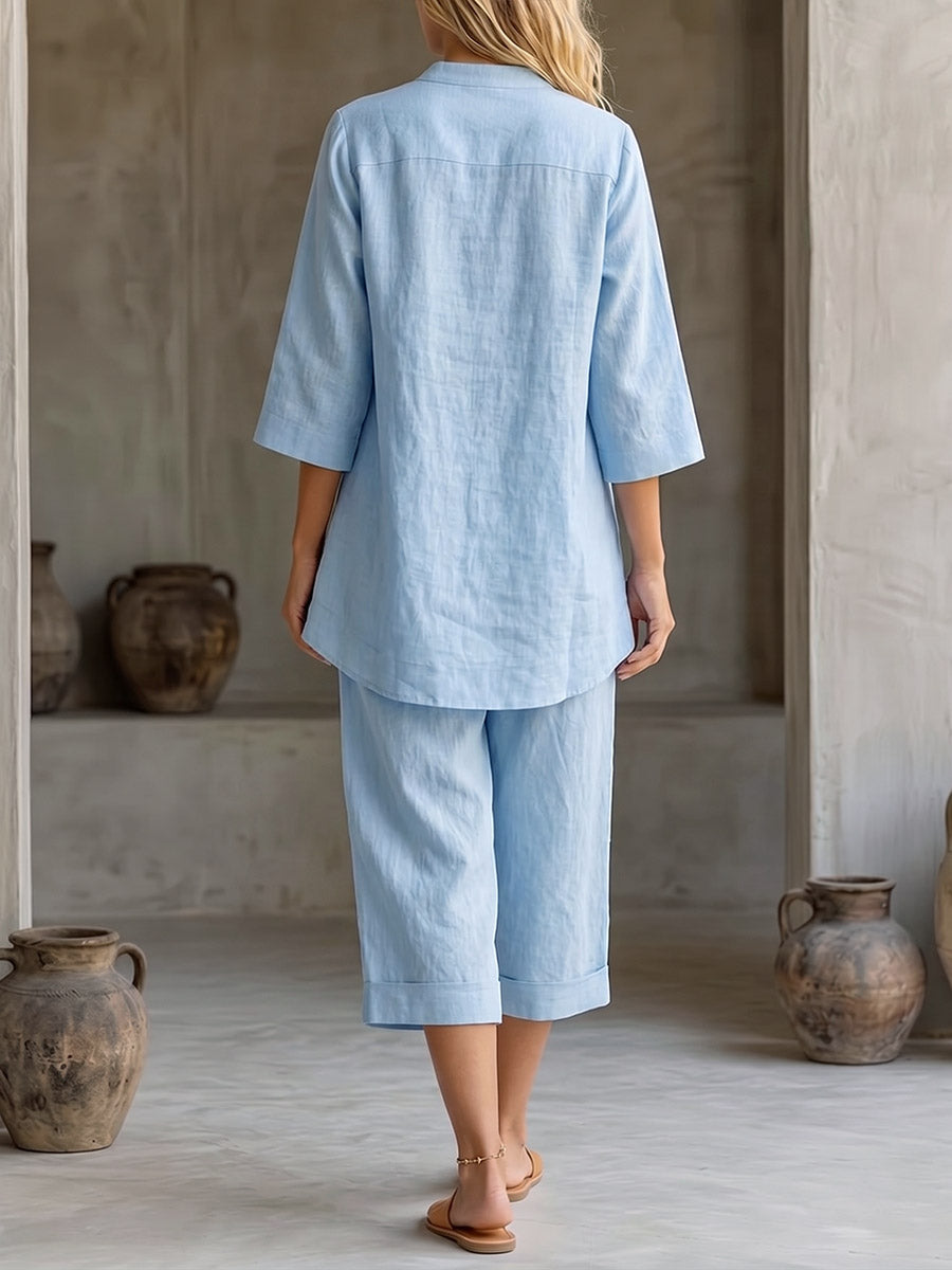 💝💝Women's Solid-color Cotton-linen Set: V-neck 3/4-sleeve Loose-fit Top & High-waisted Wide-leg Pants
