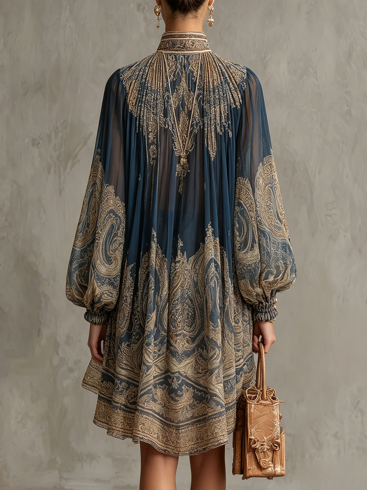 🌷🌷Navy Blue Baroque Print High-neck Irregular Chiffon Mini Dress