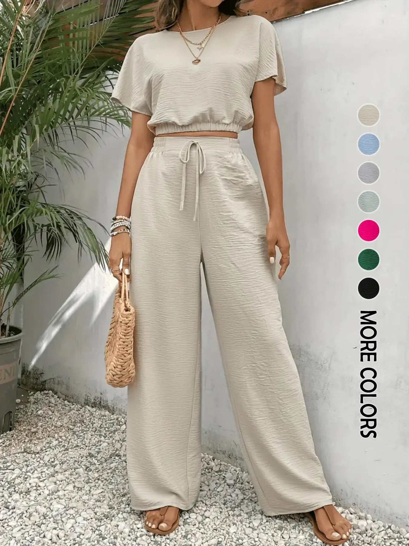 🌷🌷Women's Solid Color Top & Wide Leg Pants Two-piece Set, Casual Round Neck Top & Elastic Waist Drawstring Trousers for Summer, Ladies Clothes for Daily Wear, Womenswear