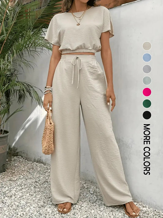 🌷🌷Women's Solid Color Top & Wide Leg Pants Two-piece Set, Casual Round Neck Top & Elastic Waist Drawstring Trousers for Summer, Ladies Clothes for Daily Wear, Womenswear