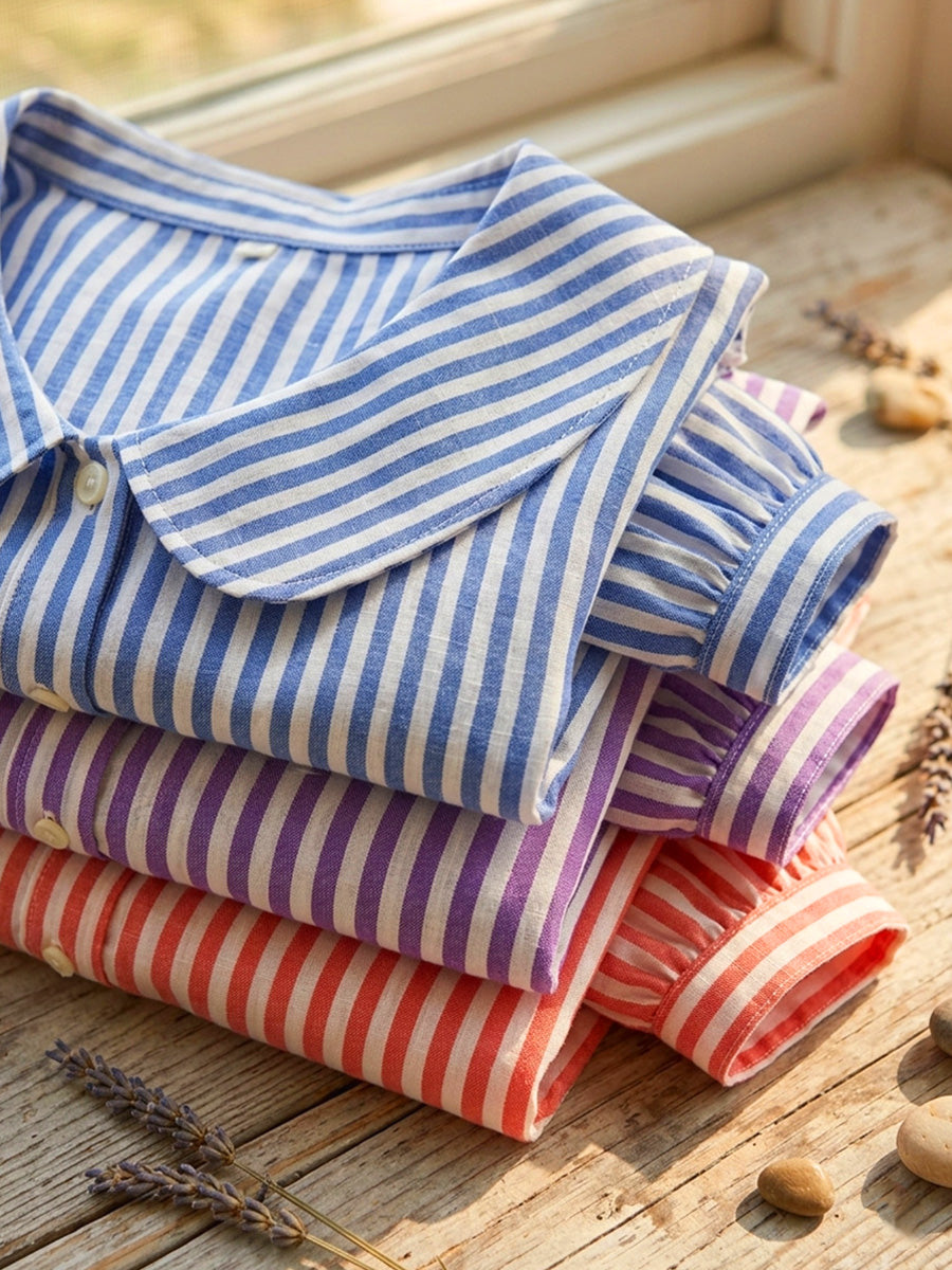 📦📦LAST DAY SAVE 49% ⏰Women's Retro Peter Pan Collar Striped Cotton Linen Shirt
