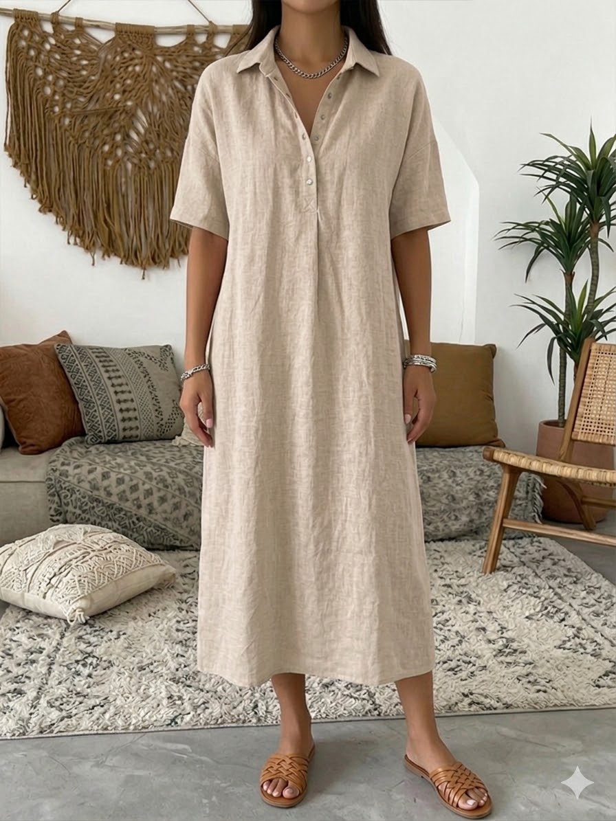 Casual Polo Collar Linen And Cotton Short-sleeved Dress