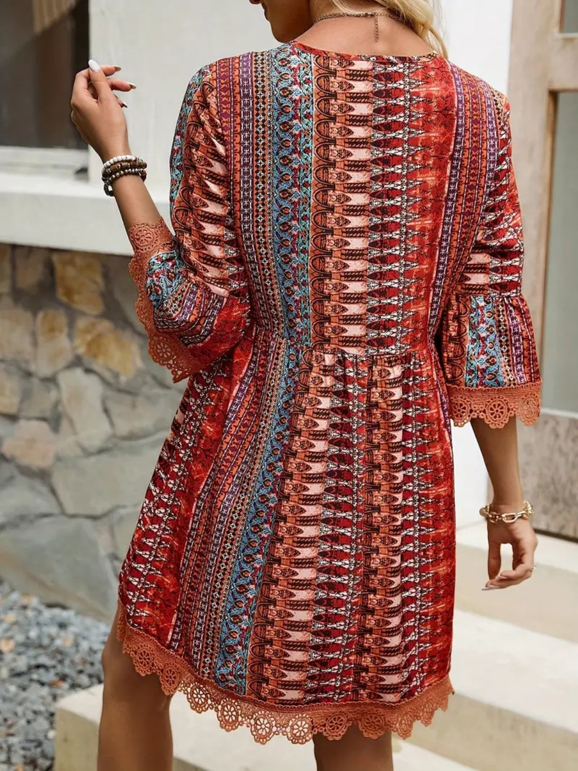 🌷🌷Lace Trim Printed V-Neck 3/4 Sleeve Dress