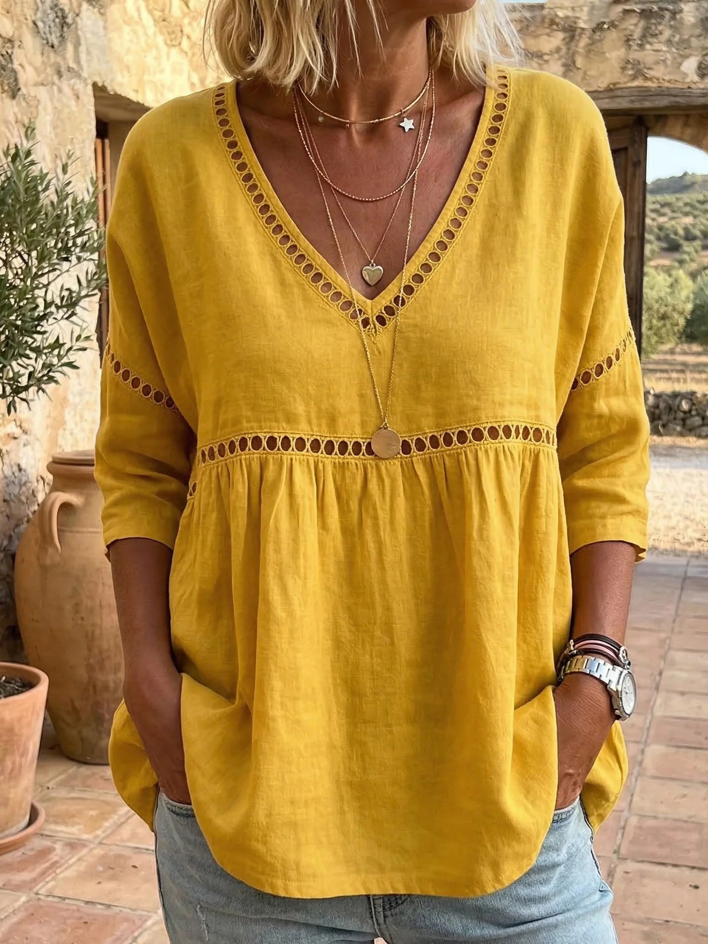 📦📦LAST DAY SAVE 49% ⏰Women's Cozy Hollow-out Patchwork V-neck Linen-cotton Blouse