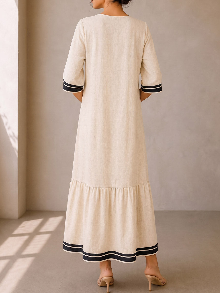💝💝Women's V-neck 3/4-sleeve Casual Loose-fit Cotton-linen Dress