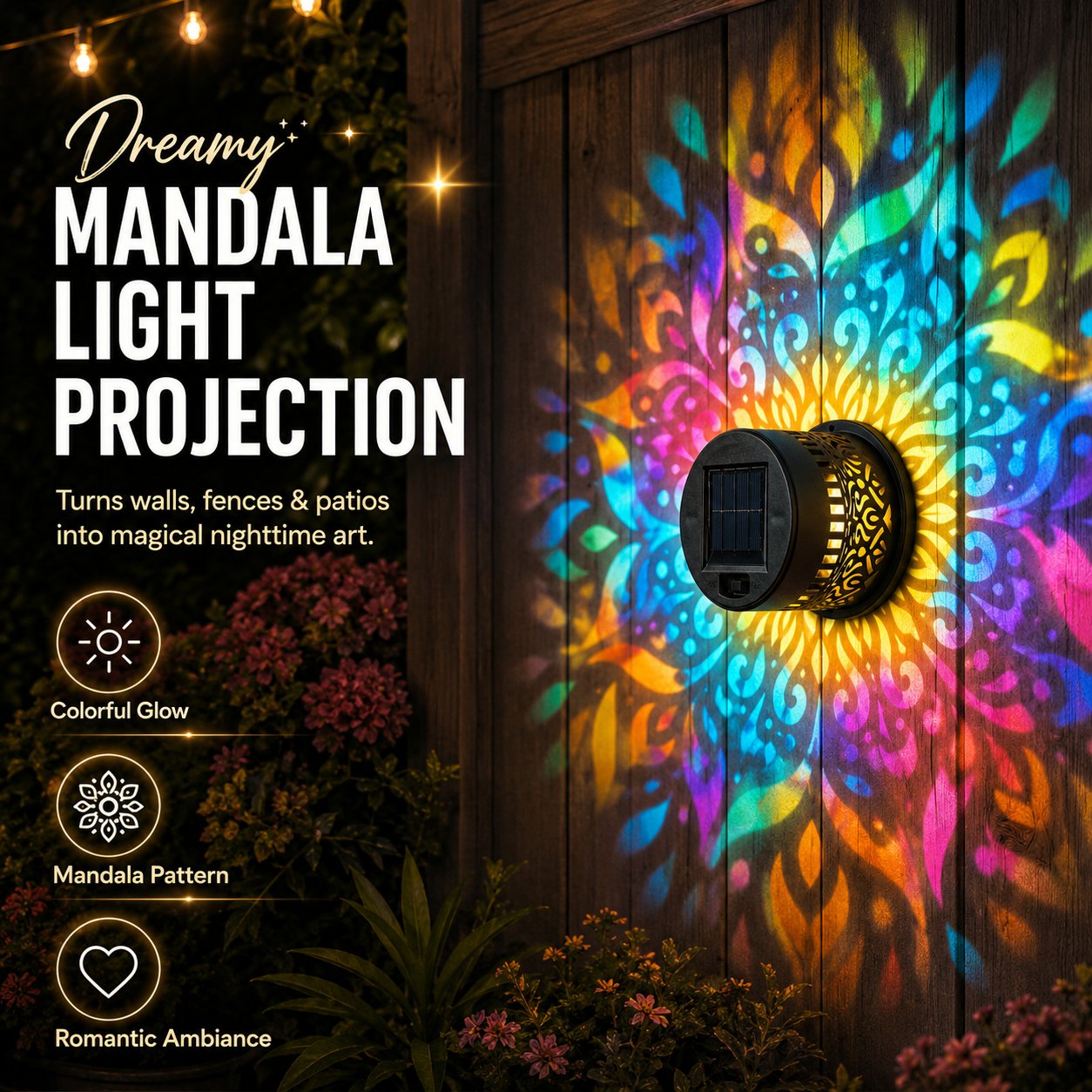 ✨✨Solar Mandala Wall Light Outdoor Garden Fence Projector Lamp Patio Ambient Decor