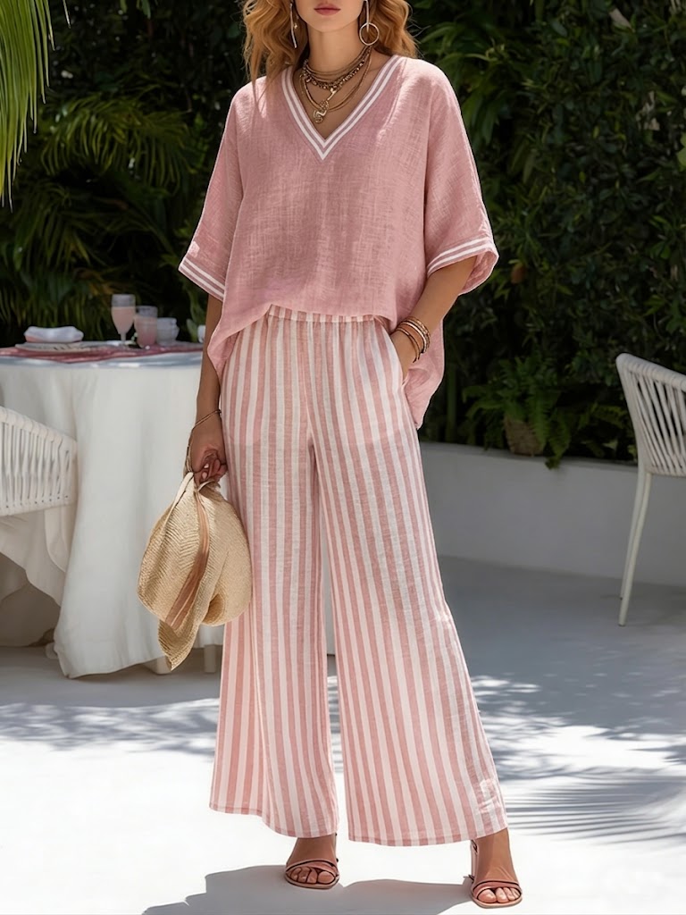 📦📦LAST DAY SAVE 49% ⏰Casual Two-piece Set: Striped Linen & Cotton Patchwork Top And Striped Trousers