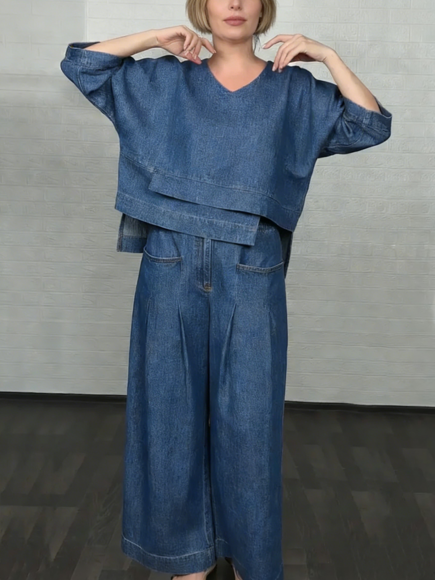 💝💝Women's Casual Denim Cotton Top And Pants Two-piece Set