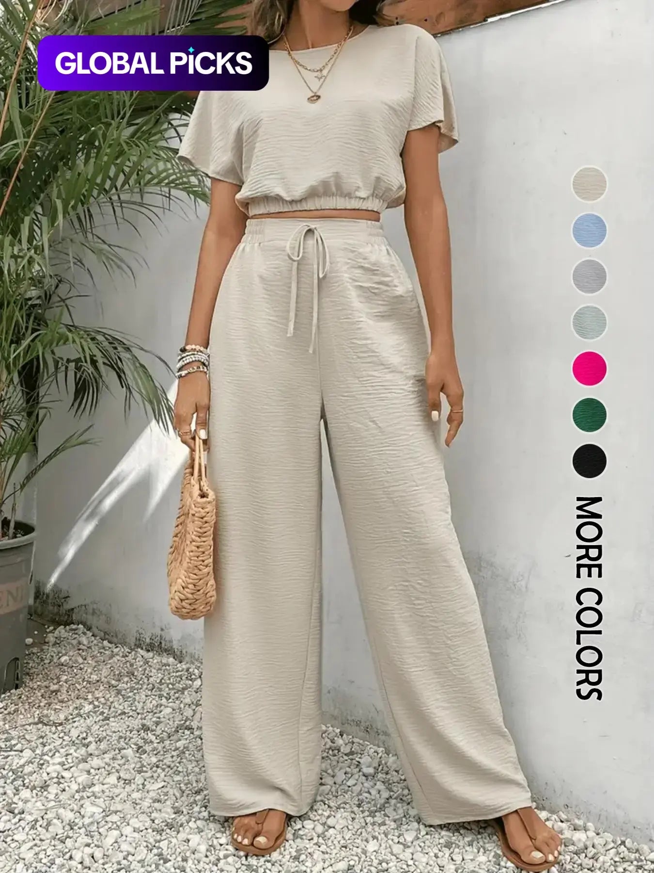 🌷🌷Women's Solid Color Top & Wide Leg Pants Two-piece Set, Casual Round Neck Top & Elastic Waist Drawstring Trousers for Summer, Ladies Clothes for Daily Wear, Womenswear