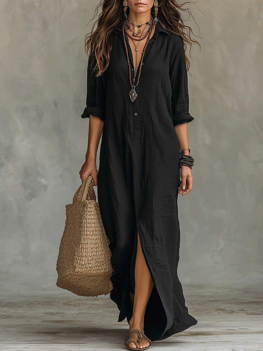 📦📦Mother's Day Sale 49% Off ⏰Black Button-Front Bohemian Shirt Maxi Dress
