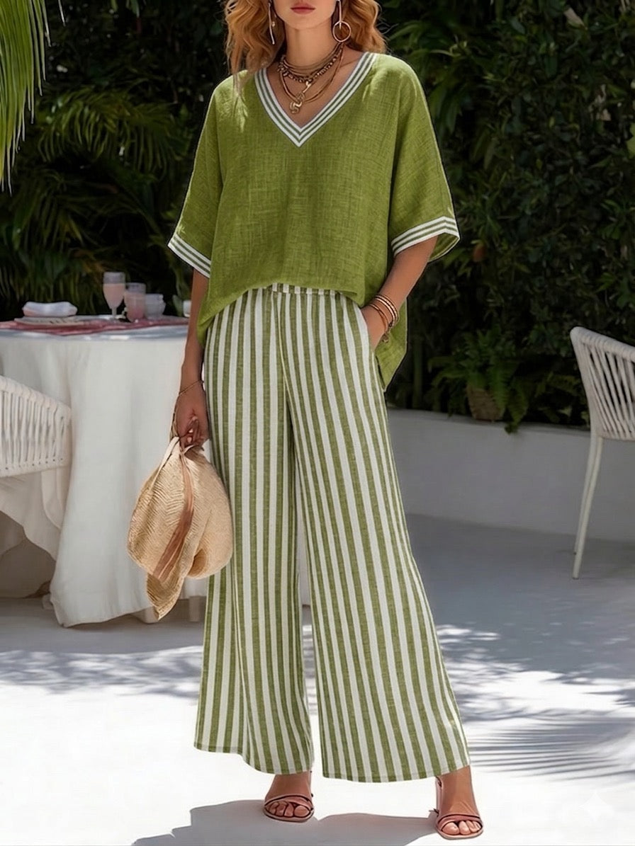 📦📦LAST DAY SAVE 49% ⏰Casual Two-piece Set: Striped Linen & Cotton Patchwork Top And Striped Trousers