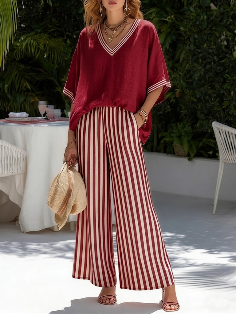 📦📦LAST DAY SAVE 49% ⏰Casual Two-piece Set: Striped Linen & Cotton Patchwork Top And Striped Trousers