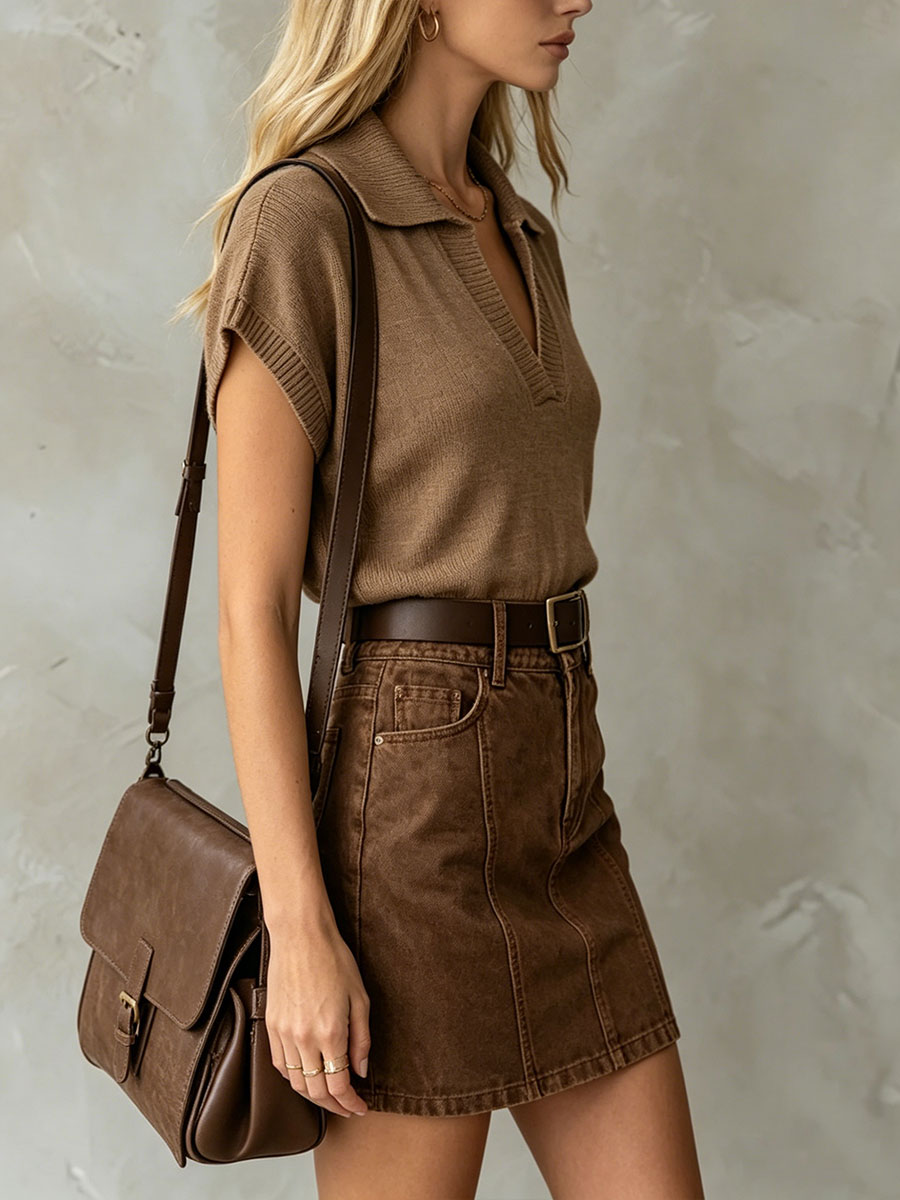 💝💝Women's Retro Brown Knitted Short-sleeve Lapel T-shirt And Denim Skirt Set