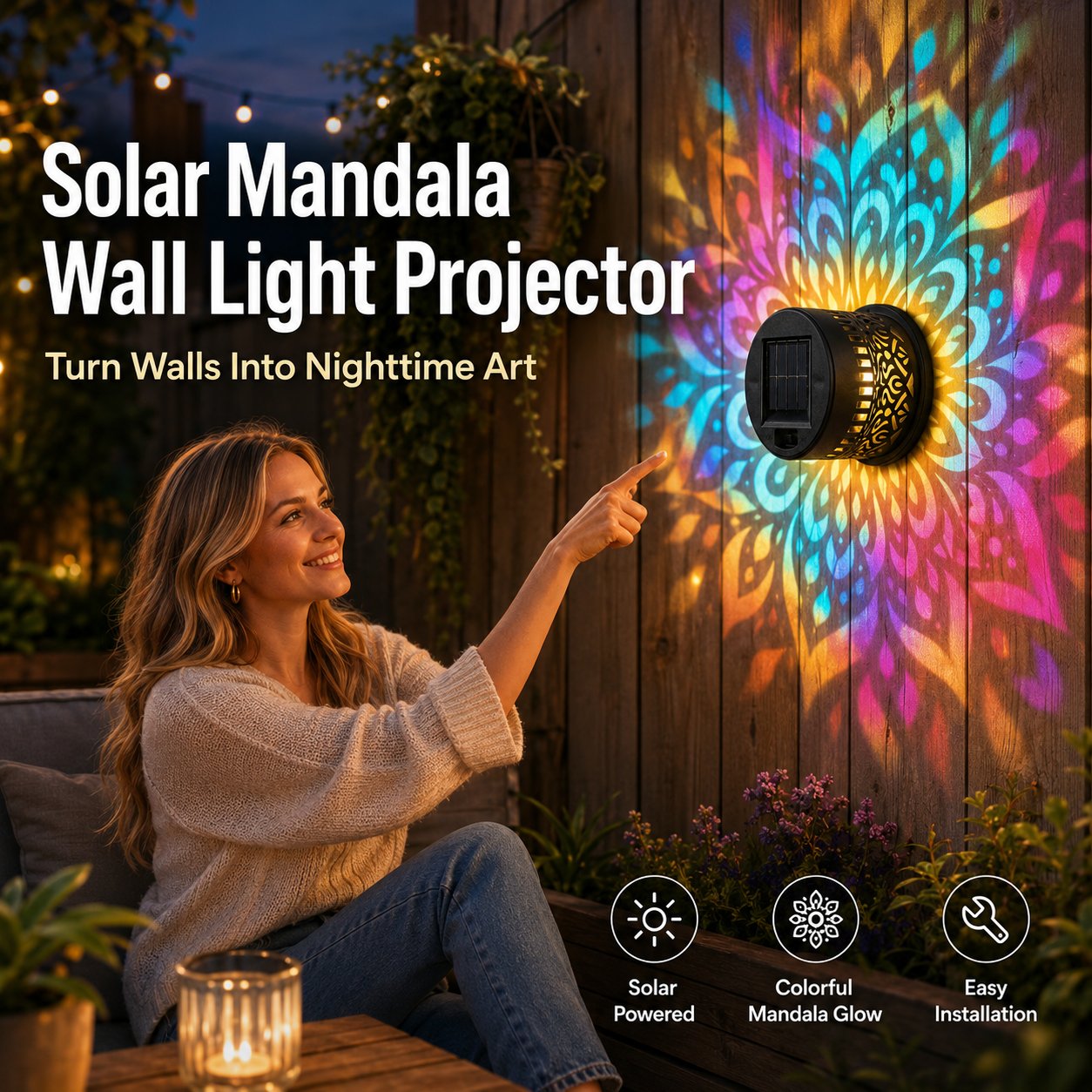 ✨✨Solar Mandala Wall Light Outdoor Garden Fence Projector Lamp Patio Ambient Decor