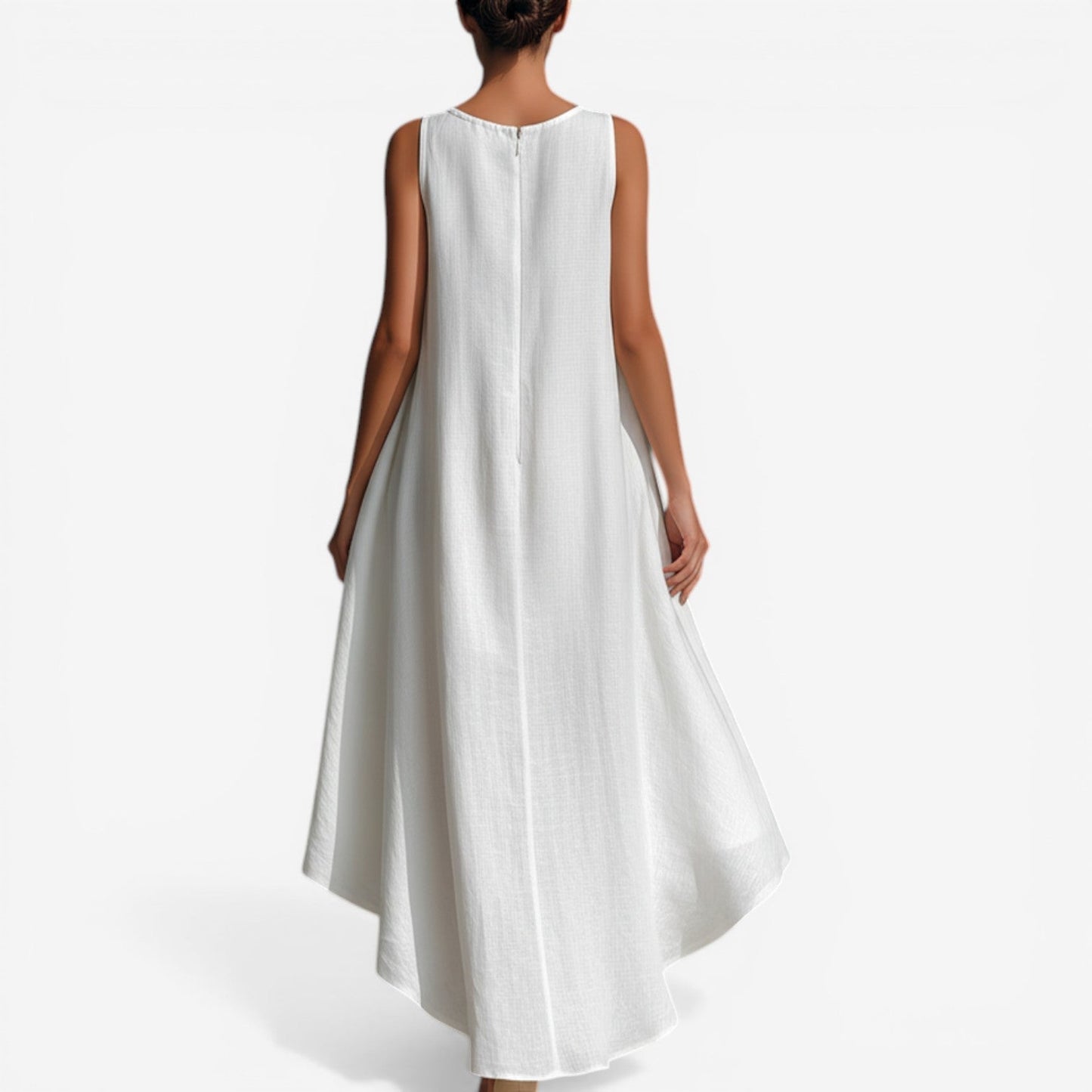 🌷🌷Women's White Linen Fabric Sleeveless Midi Dress With Round Neck & Asymmetric Hem