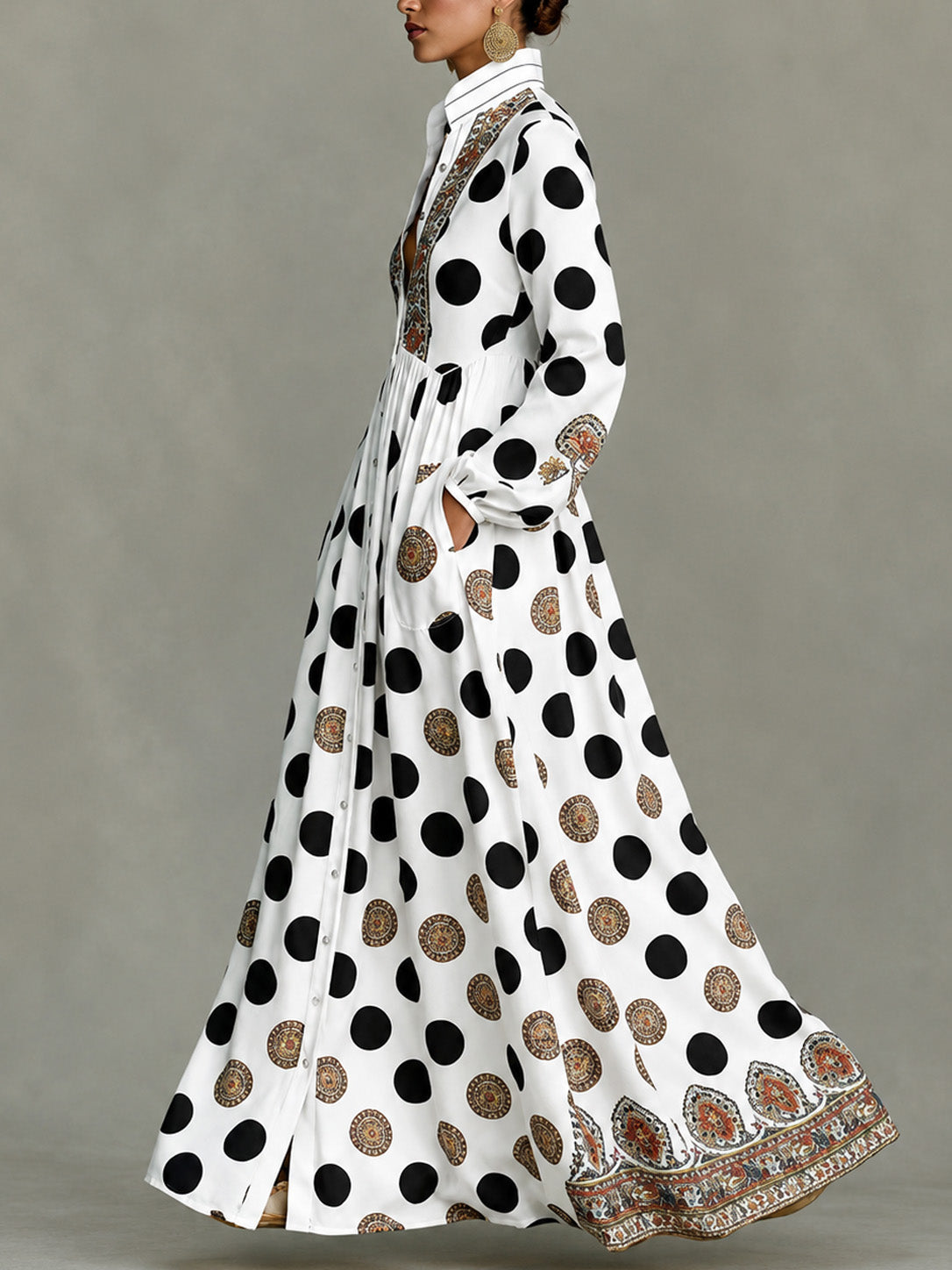📦📦LAST DAY SAVE 49% ⏰Classic Totem & Polka Dot Color-block Dress With Lapel, Cinched Waist, And Flared Skirt