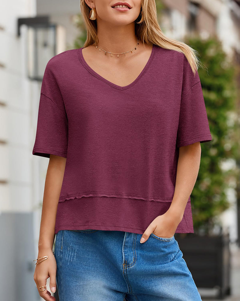 🌷🌷Womens Summer V-Neck Short Sleeve Loose Fit T-Shirt