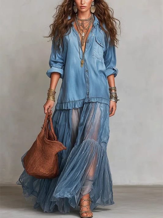 📦📦Mother's Day Sale 49% Off ⏰Women's Retro Lapel Denim Organza Patchwork Art Casual Maxi Dress