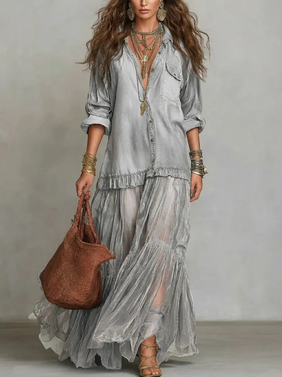 📦📦Mother's Day Sale 49% Off ⏰Women's Retro Lapel Denim Organza Patchwork Art Casual Maxi Dress