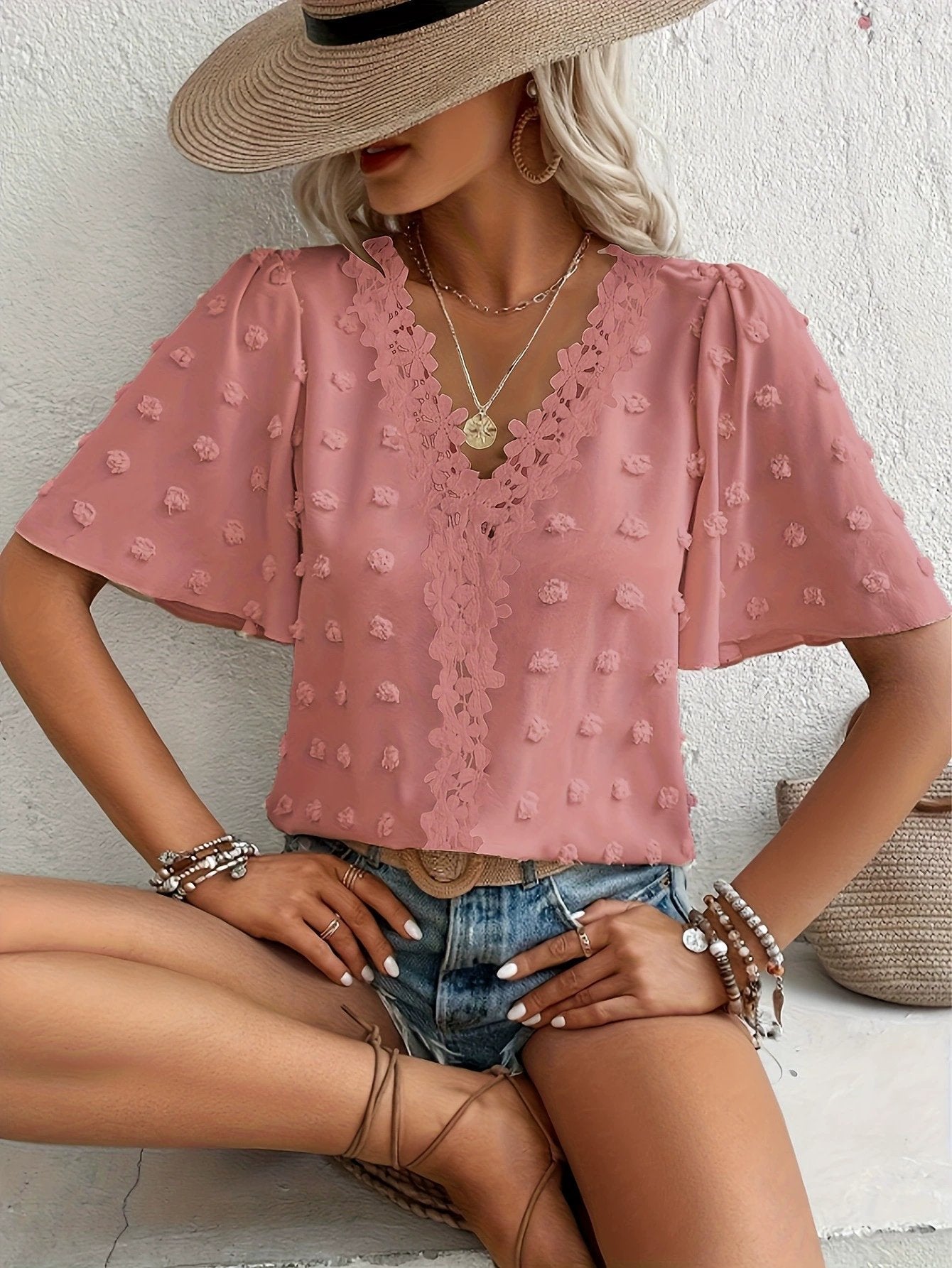 🌷🌷Swiss Dot Lace Butterfly Sleeve Blouse|🔥Buy 2 for Free Shipping