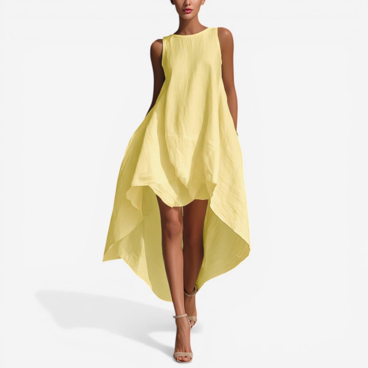 🌷🌷Women's White Linen Fabric Sleeveless Midi Dress With Round Neck & Asymmetric Hem