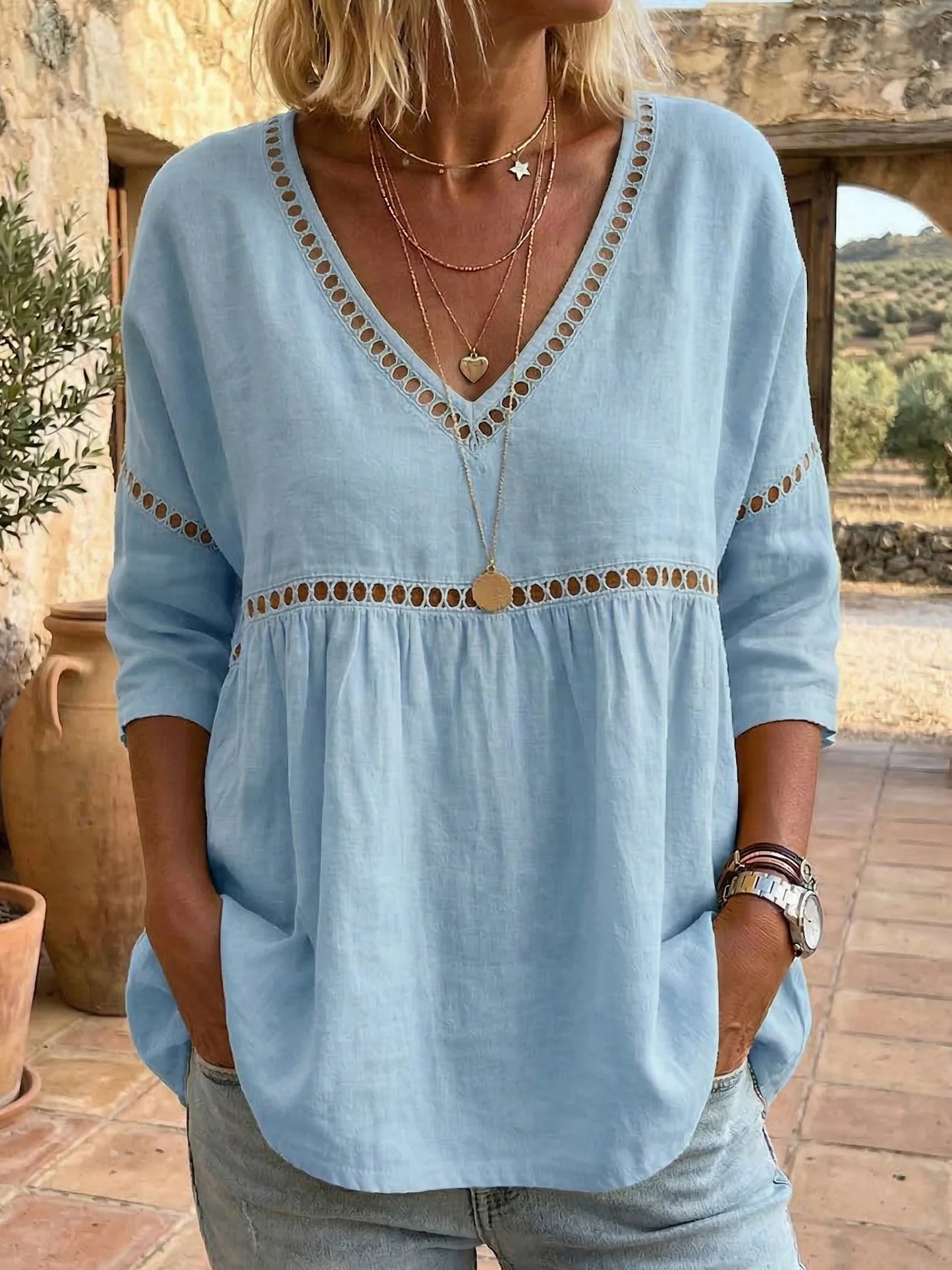 📦📦LAST DAY SAVE 49% ⏰Women's Cozy Hollow-out Patchwork V-neck Linen-cotton Blouse