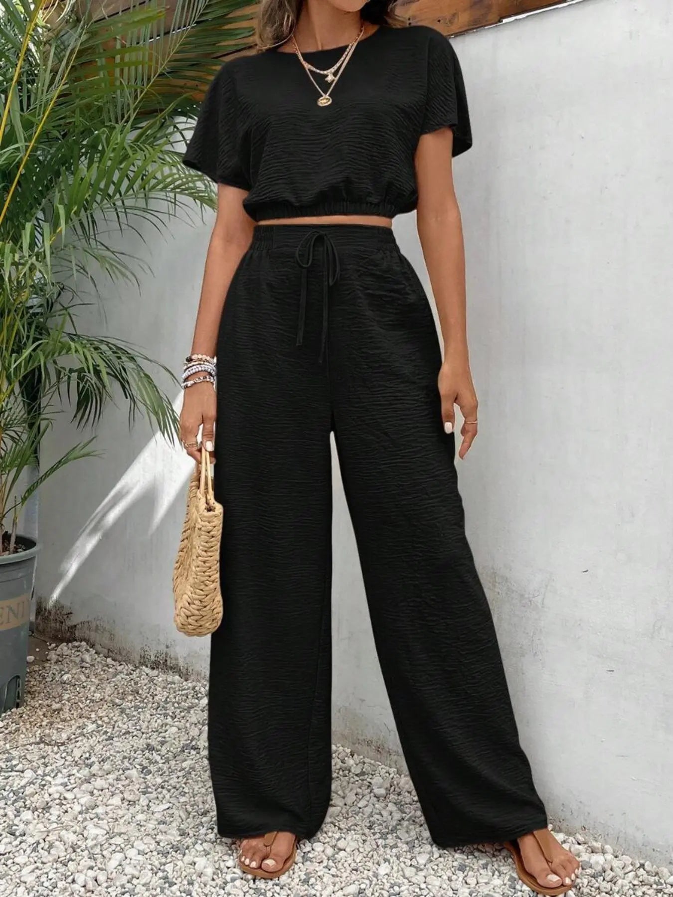 🌷🌷Women's Solid Color Top & Wide Leg Pants Two-piece Set, Casual Round Neck Top & Elastic Waist Drawstring Trousers for Summer, Ladies Clothes for Daily Wear, Womenswear