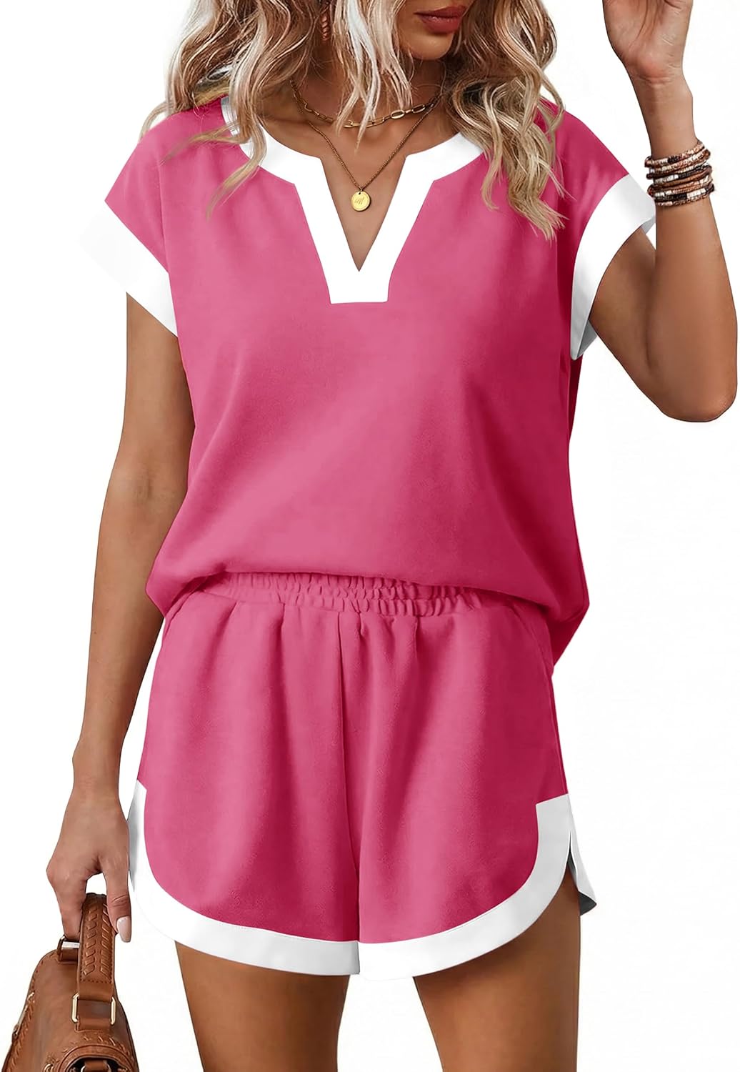 🌷🌷Tankaneo Womens V Neck Color Block Short Sets Summer Short Sleeve T Shirts and Shorts with Pockets Casual 2 Piece Outfits