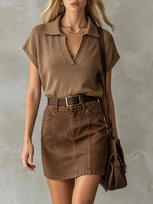 💝💝Women's Retro Brown Knitted Short-sleeve Lapel T-shirt And Denim Skirt Set