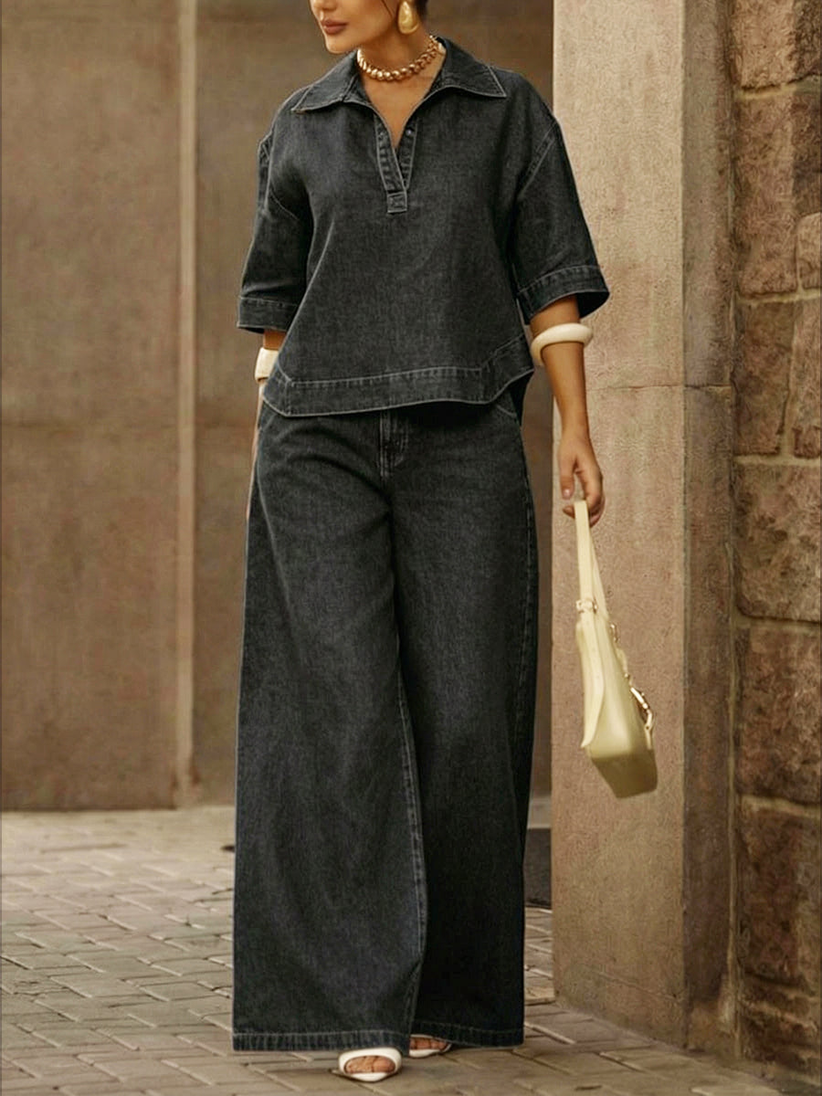 📦📦 New Arrivals🔥Women's Casual 100% Cotton Denim Top And Wide-leg Pants Two-piece Set