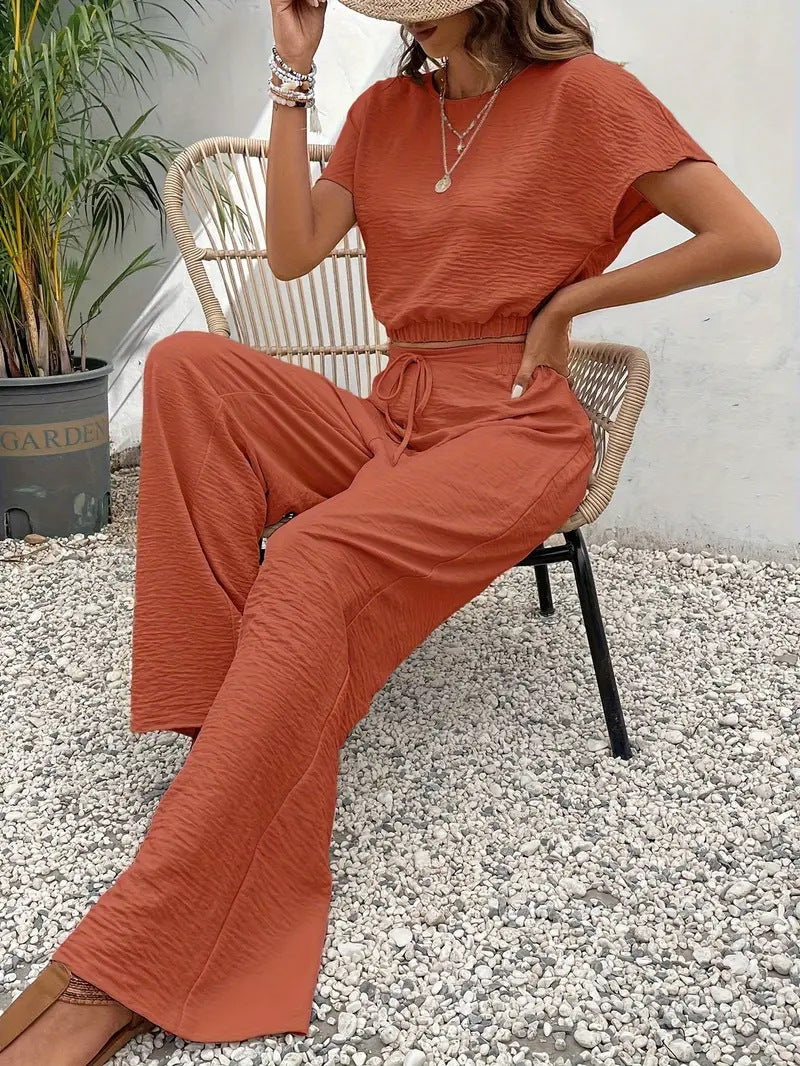 🌷🌷Women's Solid Color Top & Wide Leg Pants Two-piece Set, Casual Round Neck Top & Elastic Waist Drawstring Trousers for Summer, Ladies Clothes for Daily Wear, Womenswear