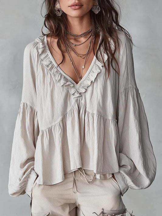 📦📦LAST DAY SAVE 49% ⏰ Women's Solid Color Retro Ruffled Casual Cotton Linen Shirt