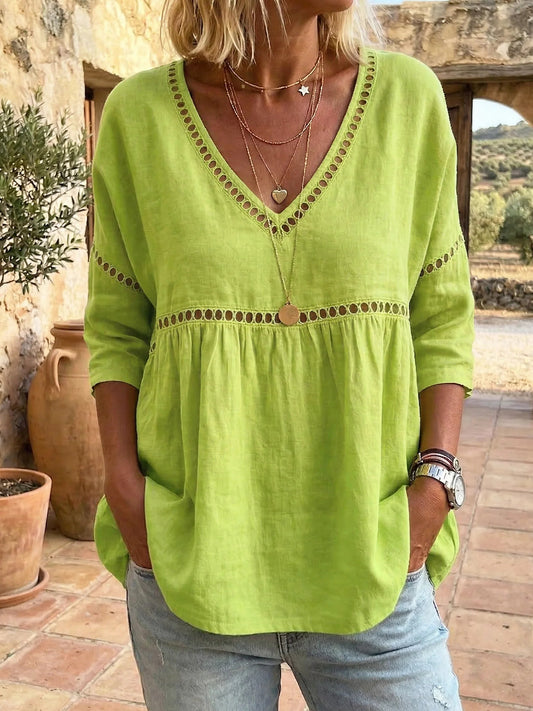 📦📦LAST DAY SAVE 49% ⏰Women's Cozy Hollow-out Patchwork V-neck Linen-cotton Blouse