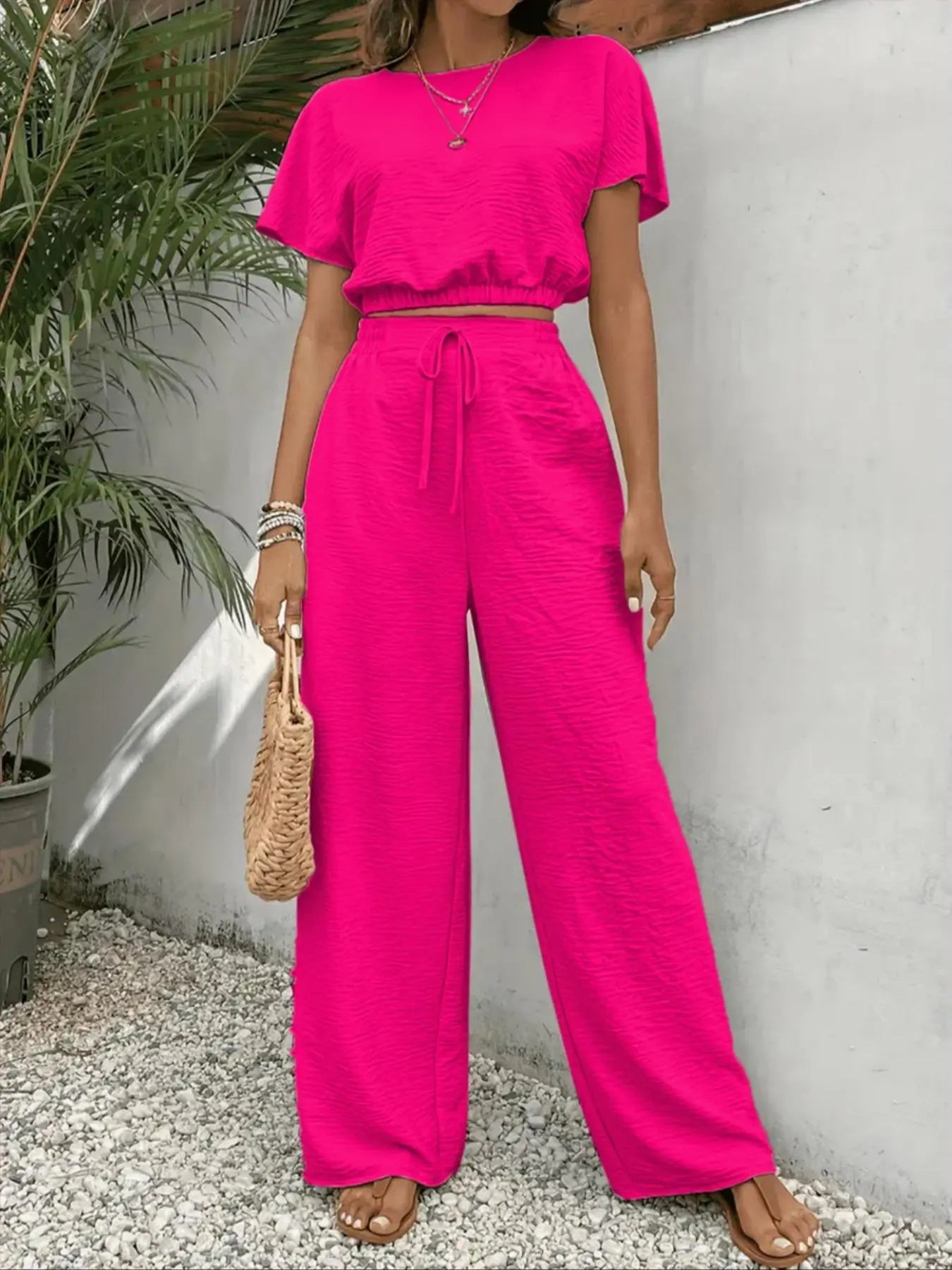 🌷🌷Women's Solid Color Top & Wide Leg Pants Two-piece Set, Casual Round Neck Top & Elastic Waist Drawstring Trousers for Summer, Ladies Clothes for Daily Wear, Womenswear