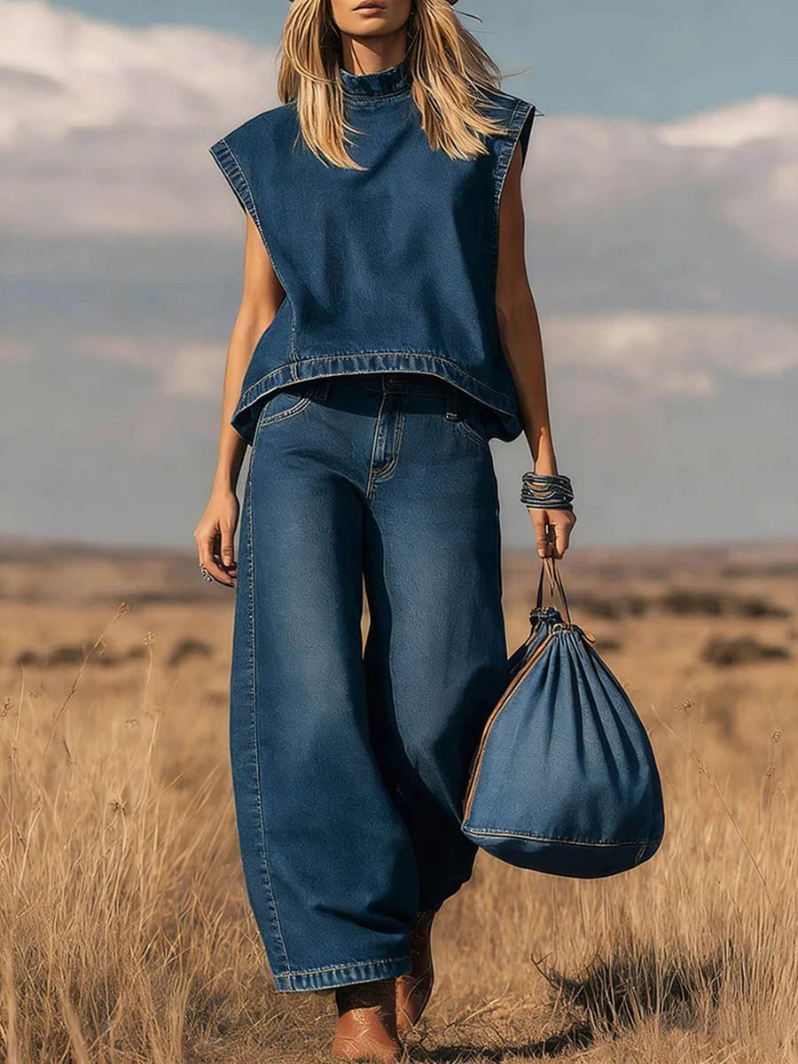 📦📦 New Arrivals🔥 Women's Stand Collar Sleeveless Casual Loose Top and High Waisted Loose Wide Leg Denim Pants Set