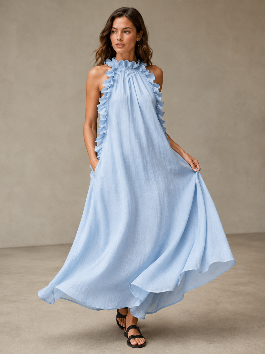 🌷🌷Breezy Halter Neck Ruffle Maxi Dress for Vacation & Summer Days