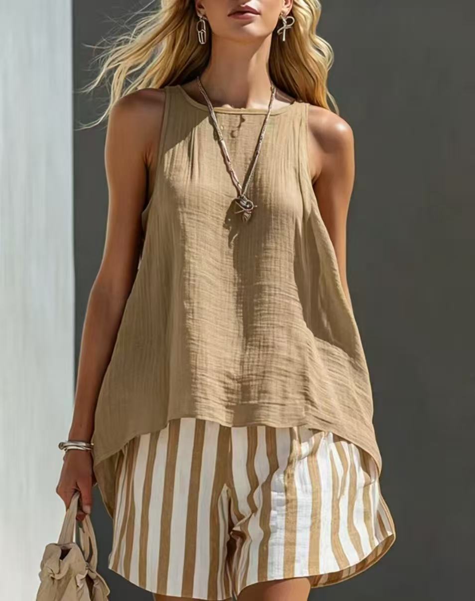 📦📦LAST DAY SAVE 49% ⏰Women's Orange Cotton-linen Vest And Striped Shorts Set