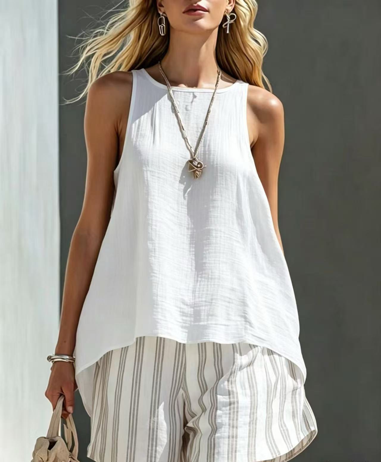 📦📦LAST DAY SAVE 49% ⏰Women's Orange Cotton-linen Vest And Striped Shorts Set