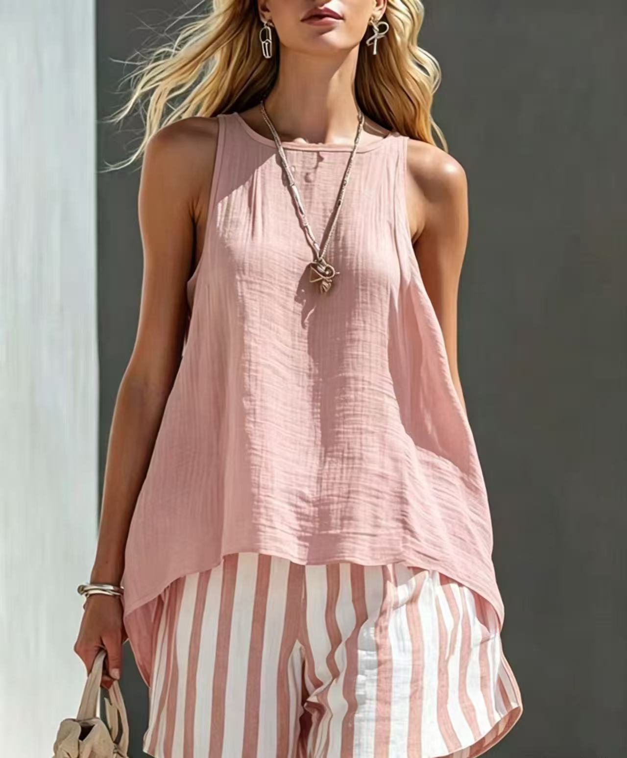 📦📦LAST DAY SAVE 49% ⏰Women's Orange Cotton-linen Vest And Striped Shorts Set